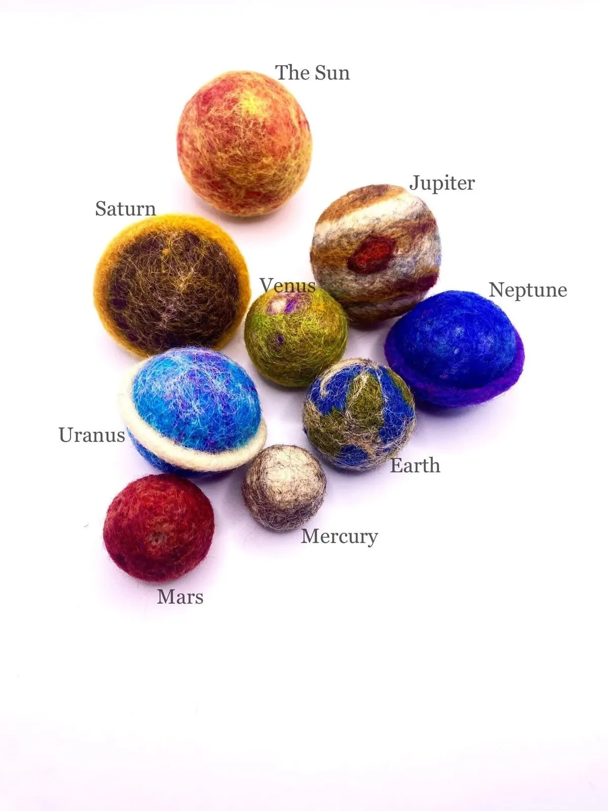 The small planet set laid out and labelled, from the Sun through to Mars.